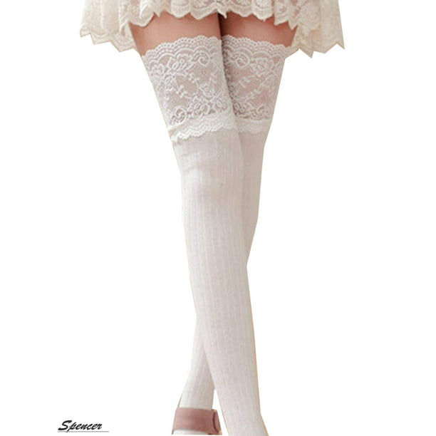 Ladies Elegant Over the Knee Cotton Blend Rib Lace Trim Overknee Socks 1 Pair 